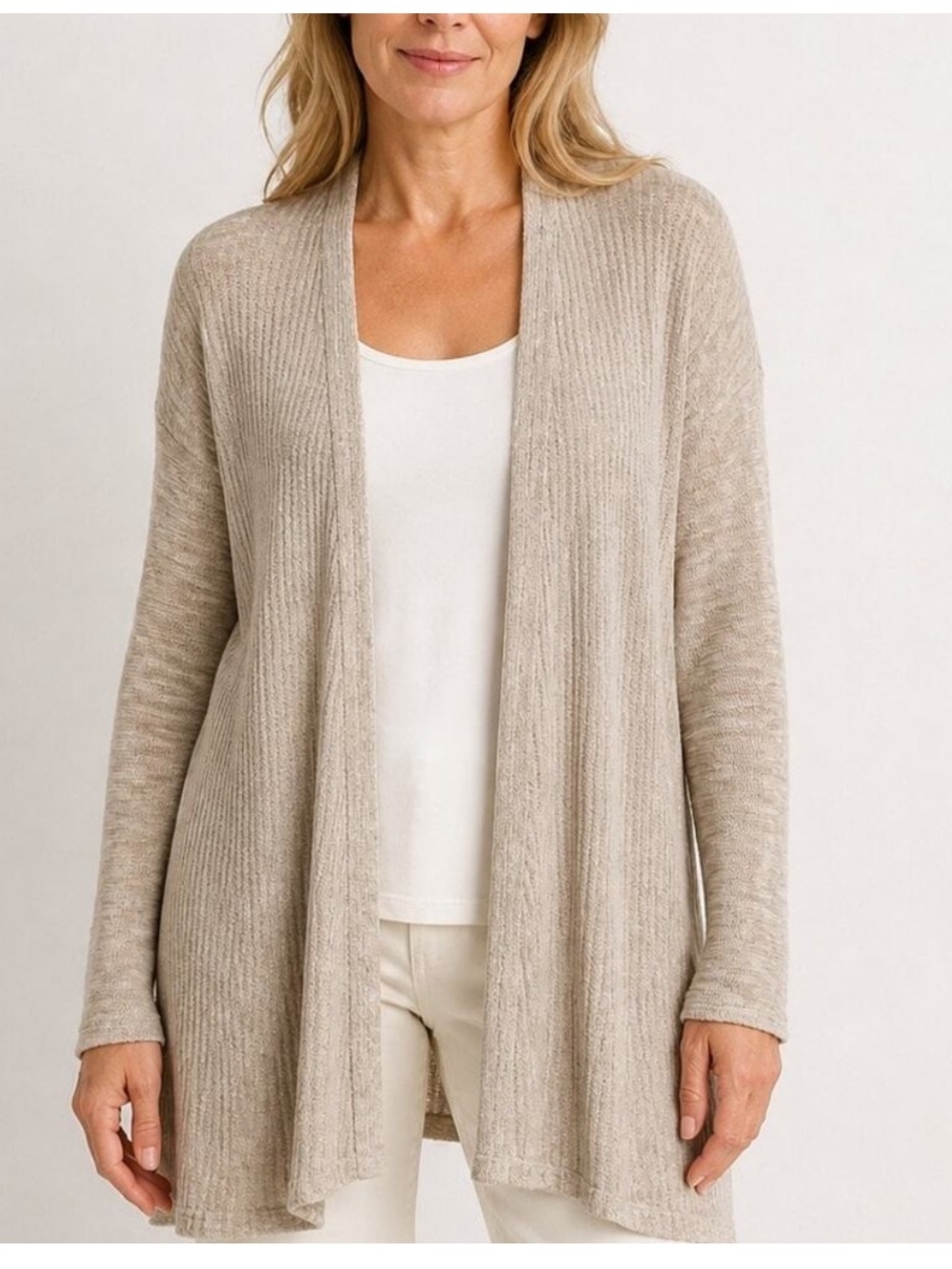 TAHARI oatmeal linen blend ribbed open long line cardigan women's size M Beachy